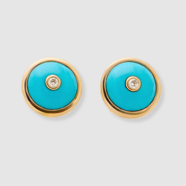 Round Turquoise Diamond Studs, 18K Yellow Gold,  Small