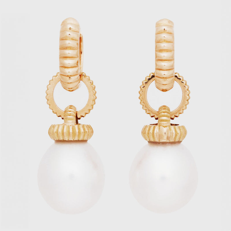South Sea White Pearl Drops with Barre Huggies, 18k Yellow Gold, Medium (Pearl)