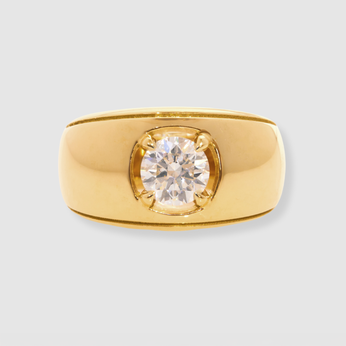 Diamond Cigar Round Brilliant Ring, 18k Yellow Gold, Prong Set