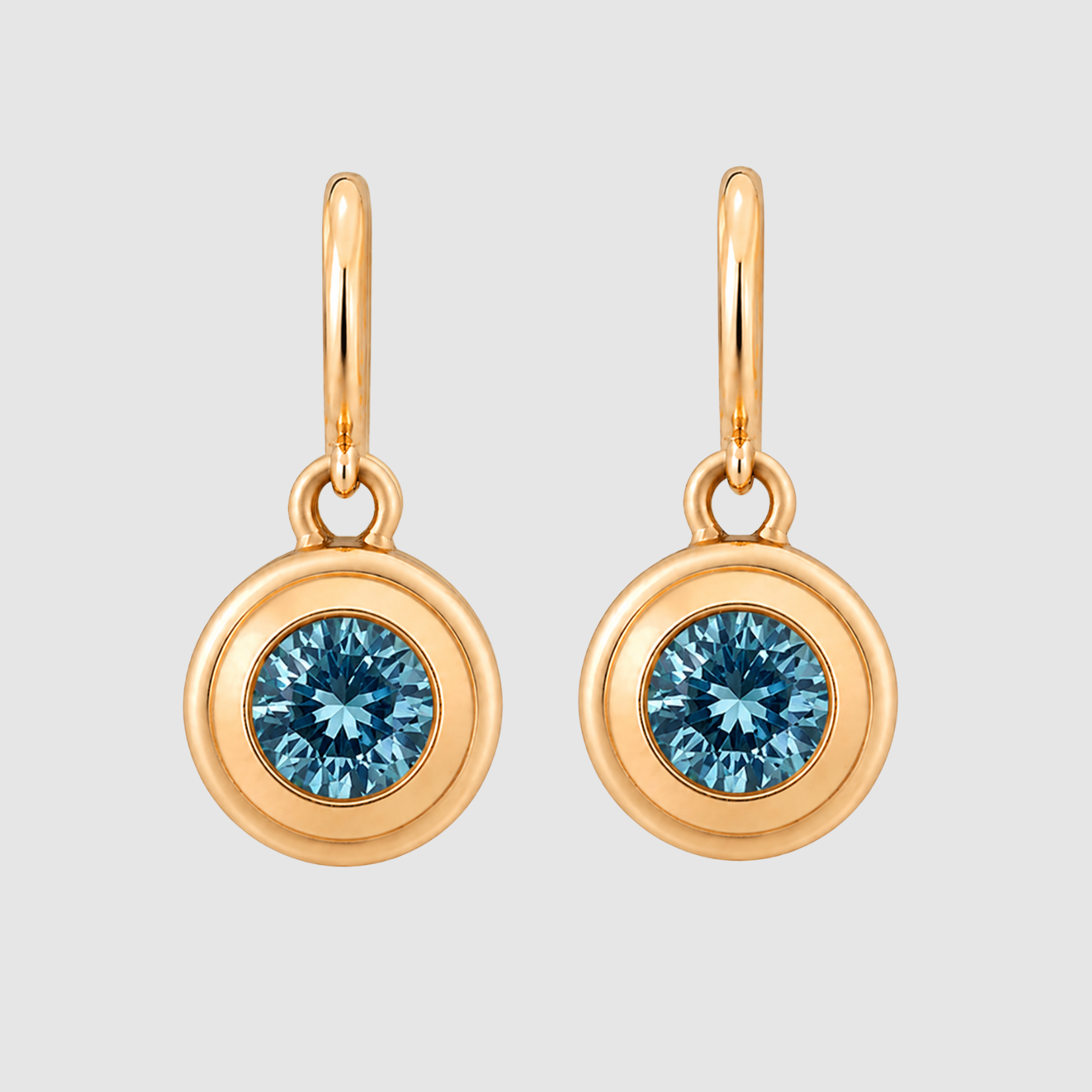 Aquamarine Bezel Set Round Ear Wire Earrings, 18K Yellow Gold