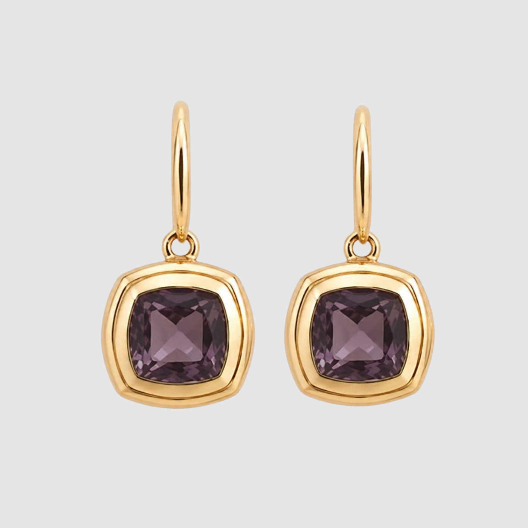 Amethyst Cushion Bezel Set Ear Wire Earrings, 18K Yellow Gold