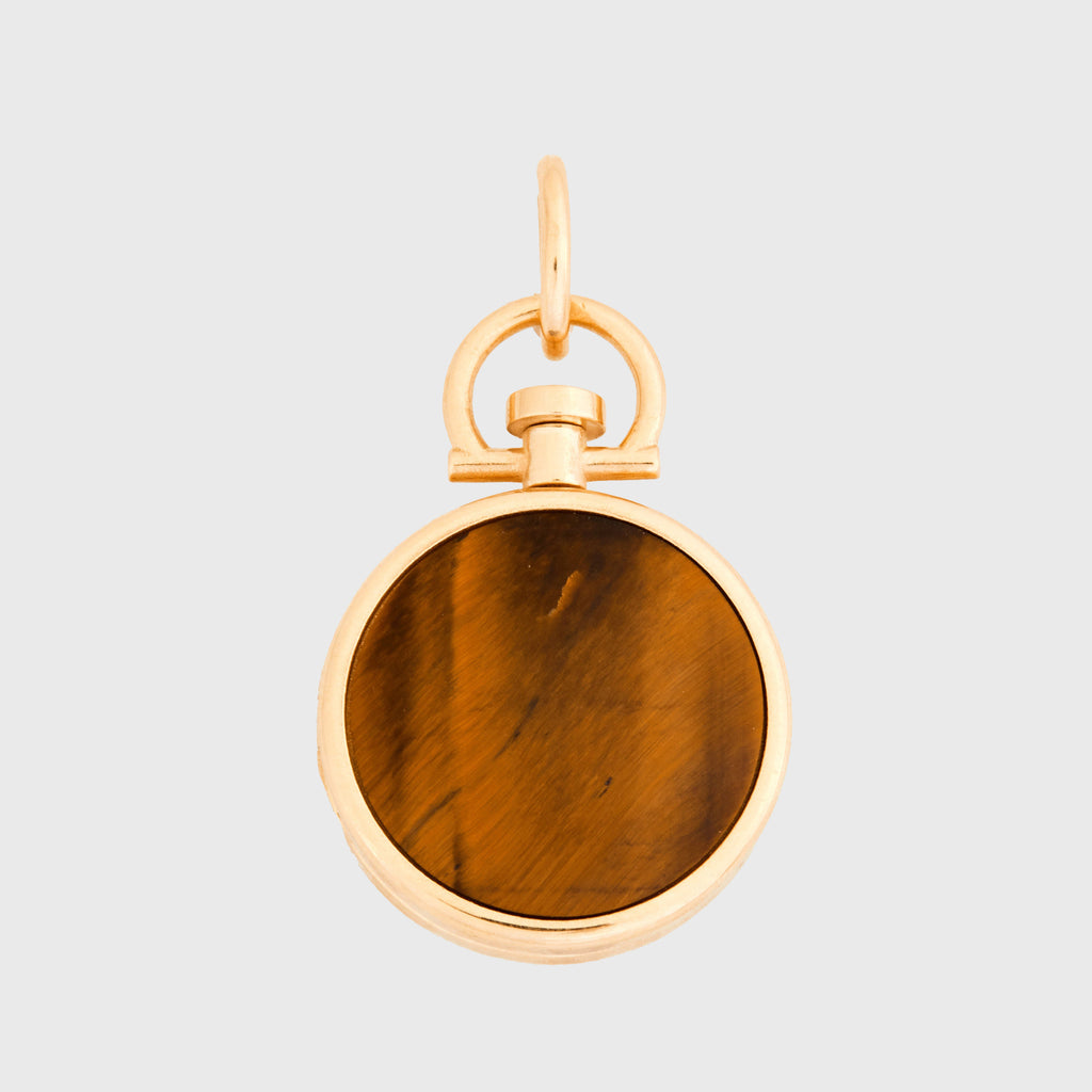 Reversible Circle Tiger s Eye Photo Locket 18k Yellow Gold One side stone one side barre