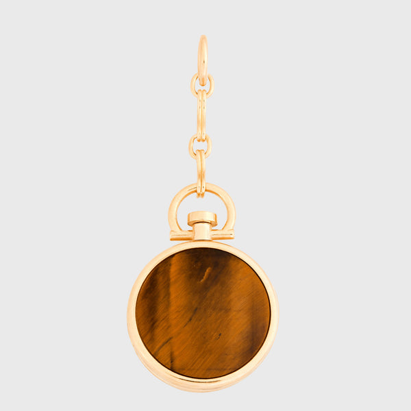 Reversible Circle Tiger's Eye Photo Locket with 1" Extension, 18k Yellow Gold (Double Side Stone)