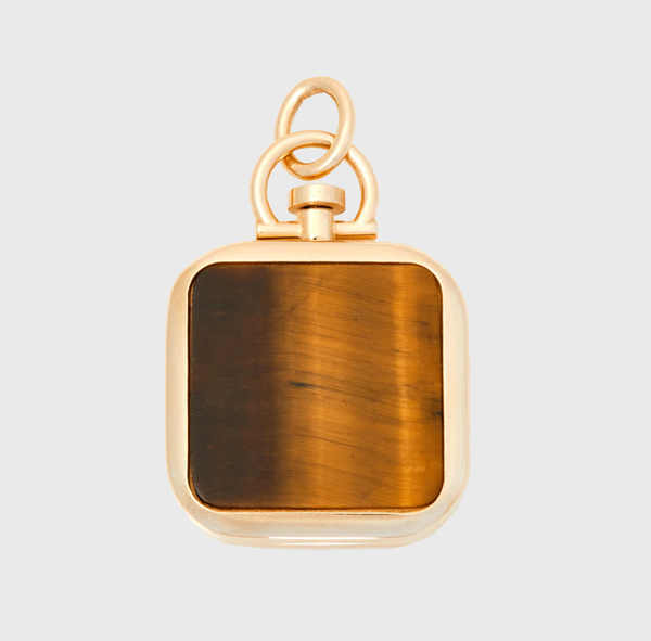 Reversible Square Tiger's Eye Barre Photo Locket 18k Yellow Gold (One Side Stone, One Side Barre)