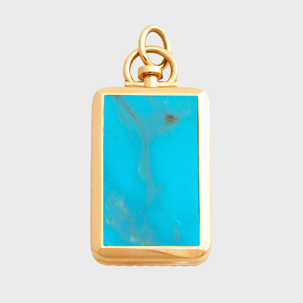 Reversible Rectangle Kingman Turquoise Barre Photo Locket 18k Yellow Gold (One Side Stone, One Side Barre)