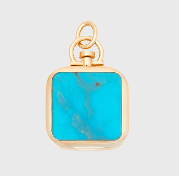 Reversible Square Kingman Turquoise Barre Photo Locket 18k Yellow Gold (One Side Stone, One Side Barre)