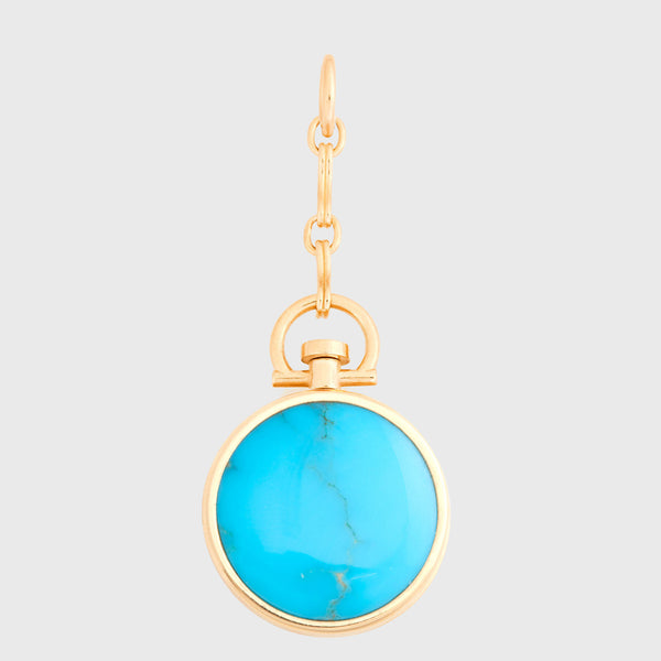 Reversible Circle Kingman Turquoise Photo Locket 18k Yellow Gold with 1" Extension (One Side Stone, One Side Barre)