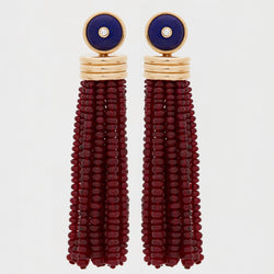 Triple Tassel Ruby Rondelles Earrings with Lapis Lazuli Diamond Studs, 18K Yellow Gold