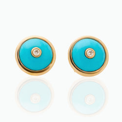 Round Turquoise Diamond Studs, 18K Yellow Gold,  Small