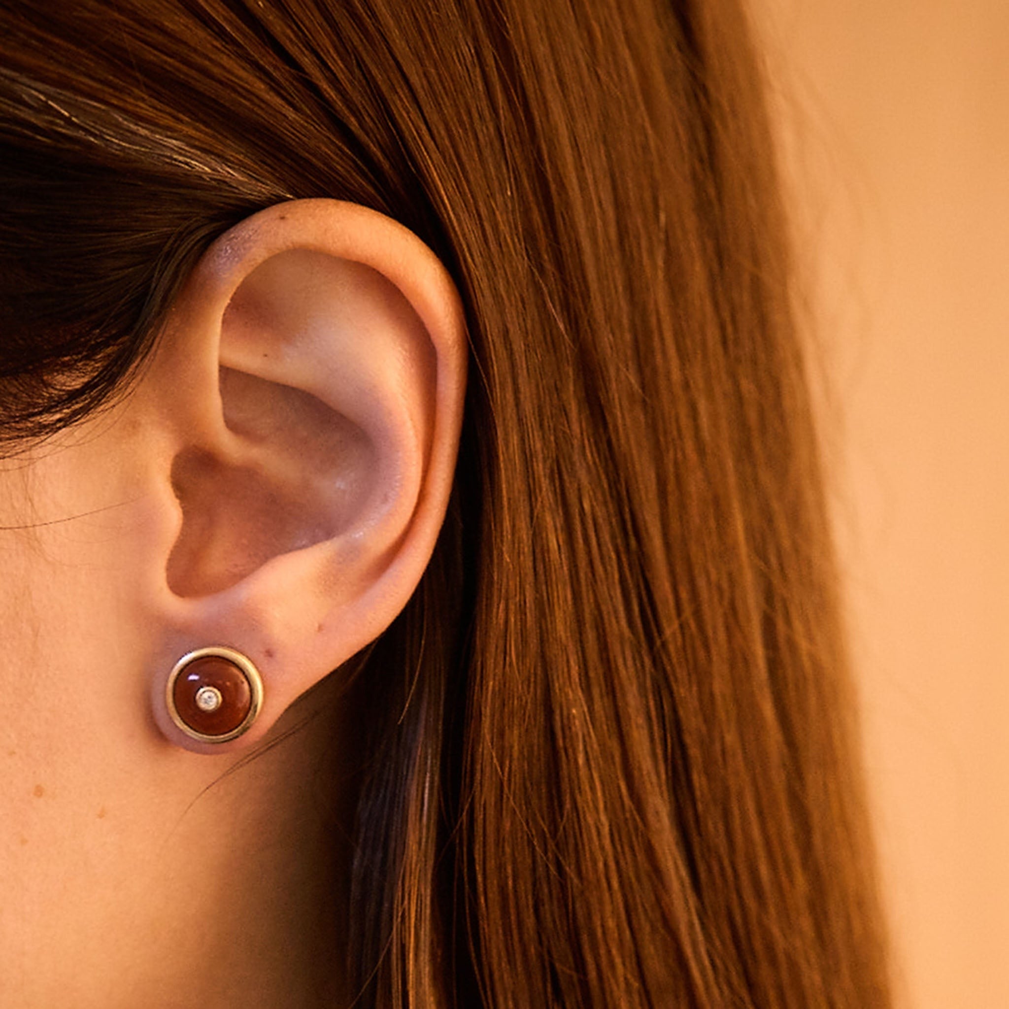 Round Burnt Red Chalcedony Diamond Studs, 18K Yellow Gold,  Small