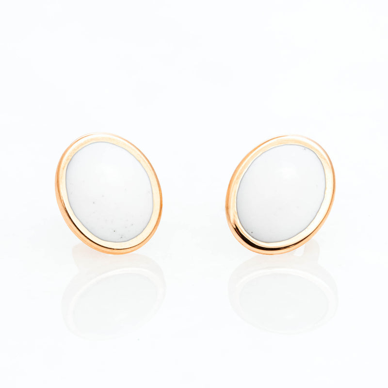 Oval  White Cacholong Studs 18K Yellow Gold, Small