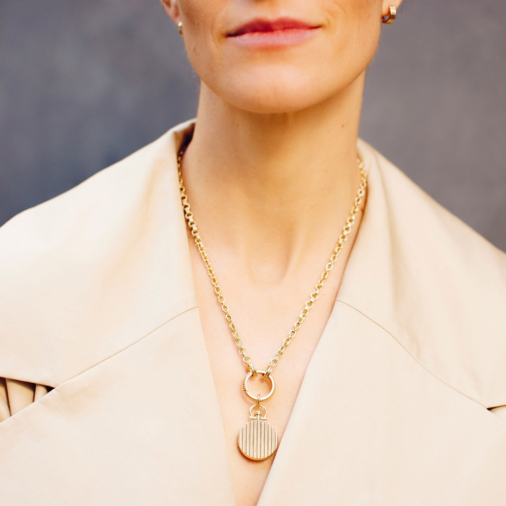 Convertible Double Chain Necklace 18K Yellow Gold, Medium Link, 25" Double Key Ring
