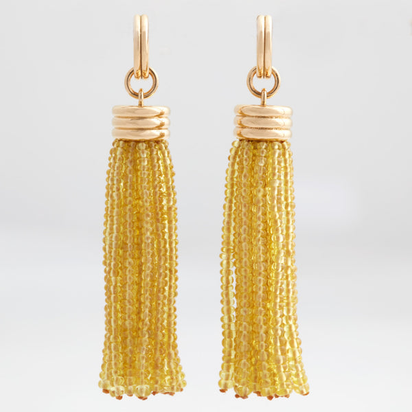 Triple Tassel Yellow Sapphire Rondelles Earrings with Double Huggies, 18K Yellow Gold