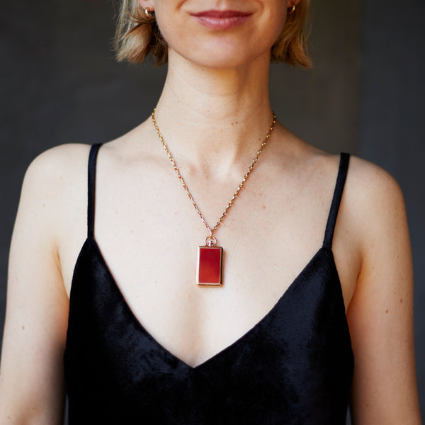 Reversible Rectangle Red Chalcedony Barre Photo Locket 18k Yellow Gold (One Side Stone, One Side Barre)